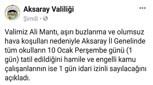 SULTANHANI İLÇESİNDE 10 OCAK 2019 PERŞEMBE GÜNÜ OKULLAR TATİL EDİLDİ